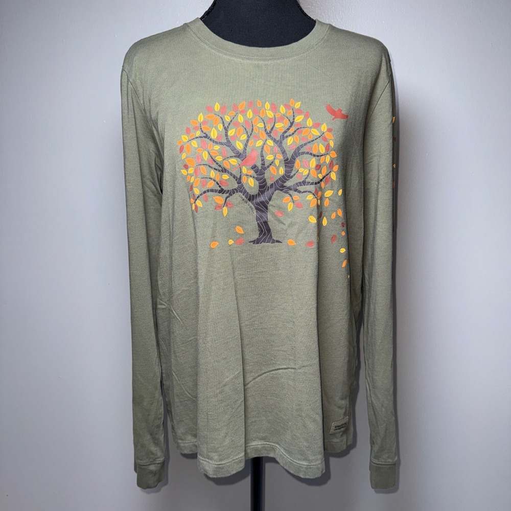 Life is Good Womens Crusher Long Sleeve Tee Olive Green Fall Tree Graphic Large